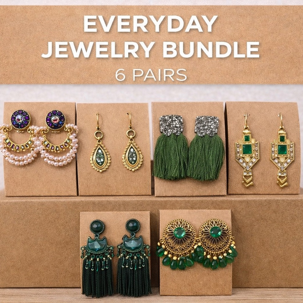 Everyday Statement Earrings Bundle | 6 Pairs Boho Gold Green Tassel Fashion
